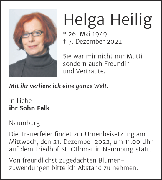 Traueranzeige von Helga Heilig von Naumburger Tageblatt