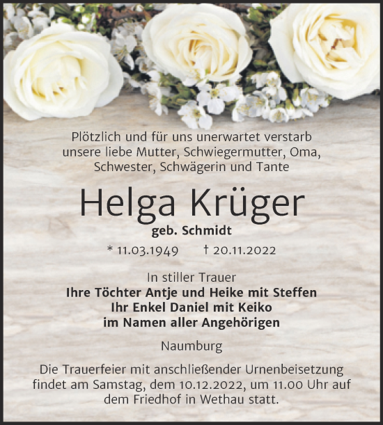 Traueranzeige von Helga Krüger von Wochenspiegel Naumburg/Nebra
