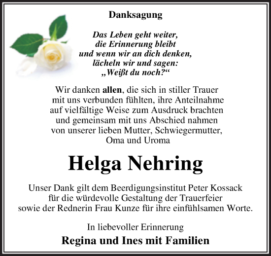 Traueranzeige von Helga Nehring von Trauerkombi Wittenberg