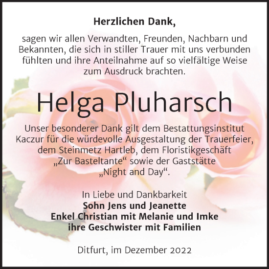Traueranzeige von Helga Pluharsch von Trauerkombi Quedlinburg