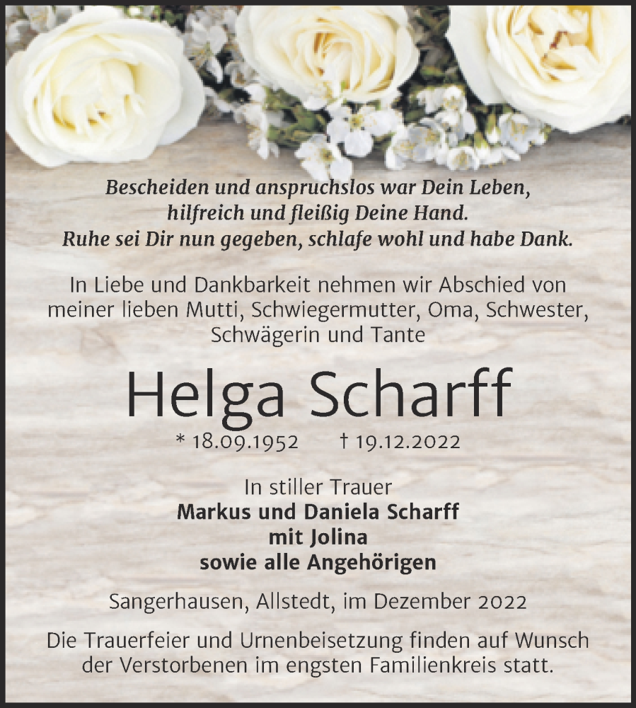  Traueranzeige für Helga Scharff vom 23.12.2022 aus Trauerkombi Sangerhausen