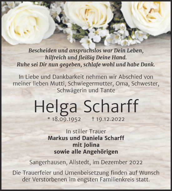 Traueranzeige von Helga Scharff von Trauerkombi Sangerhausen