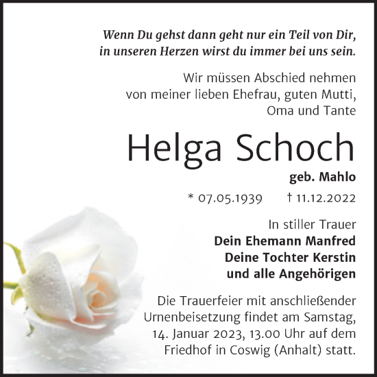 Traueranzeige von Helga Schoch von Trauerkombi Wittenberg