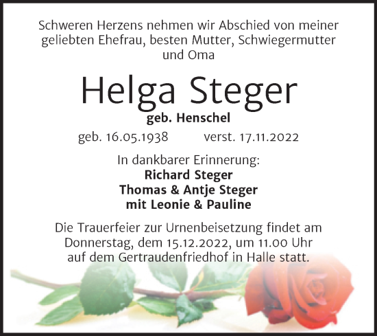 Traueranzeige von Helga Steger von Mitteldeutsche Zeitung Halle/Saalkreis