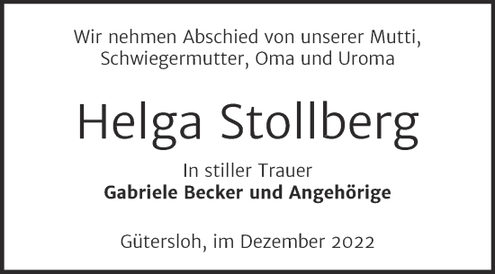 Traueranzeige von Helga Stollberg von Wochenspiegel Mansfelder Land
