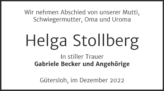 Traueranzeige von Helga Stollberg von Trauerkombi Mansfelder Land