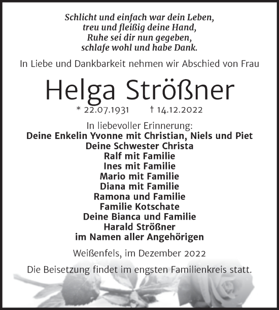 Traueranzeige von Helga Strößner von Trauerkombi Weißenfels