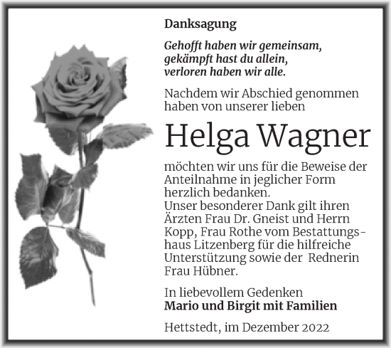 Traueranzeige von Helga Wagner von Mitteldeutsche Zeitung Mansfelder Land