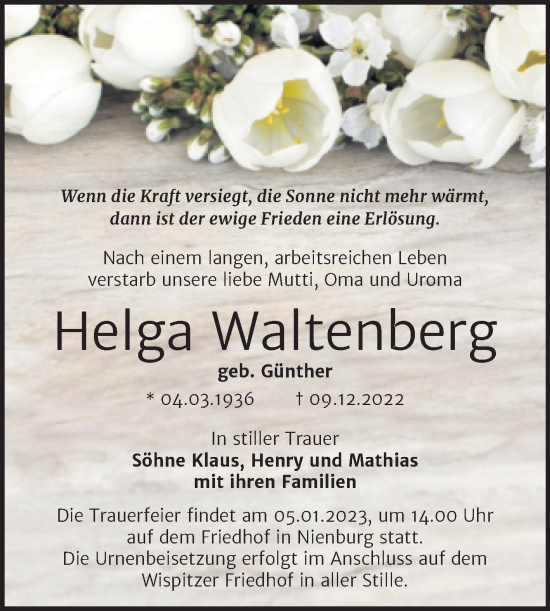 Traueranzeige von Helga Waltenberg von Trauerkombi Bernburg