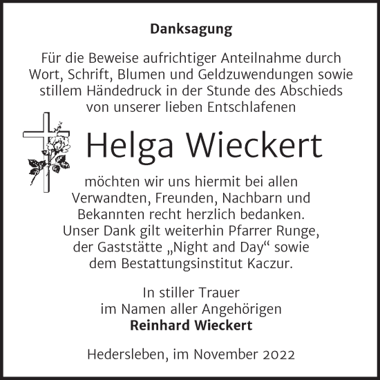 Traueranzeige von Helga Wieckert von Trauerkombi Quedlinburg