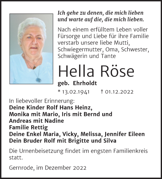 Traueranzeige von Hella Röse von Trauerkombi Quedlinburg