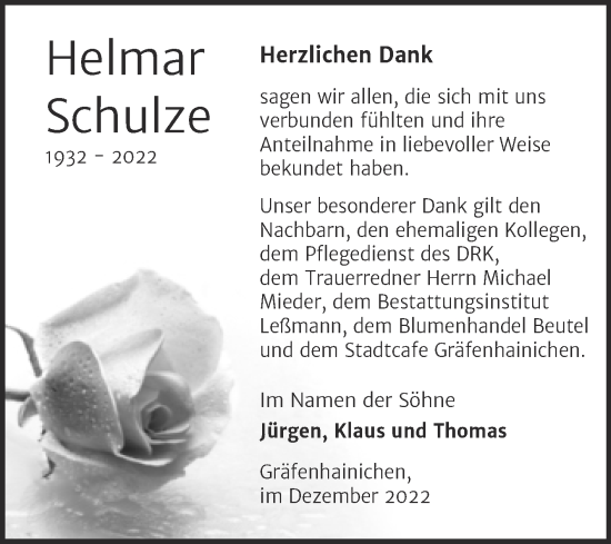Traueranzeige von Helmar Schulze von Trauerkombi Wittenberg