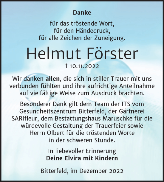 Traueranzeige von Helmut Förster von Trauerkombi Bitterfeld