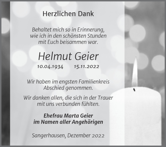 Traueranzeige von Helmut Geier von Trauerkombi Sangerhausen