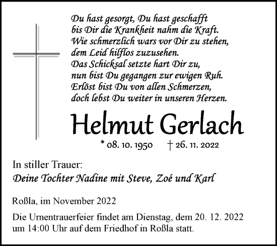 Traueranzeige von Helmut Gerlach von Mitteldeutsche Zeitung Sangerhausen
