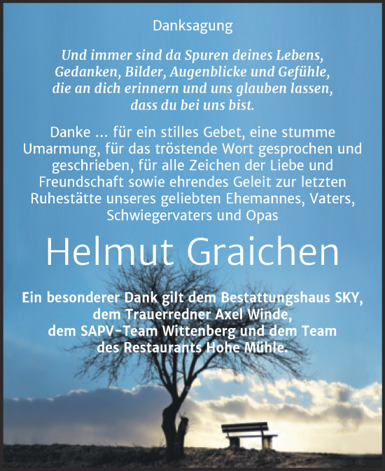 Traueranzeige von Helmut Graichen von Trauerkombi Wittenberg