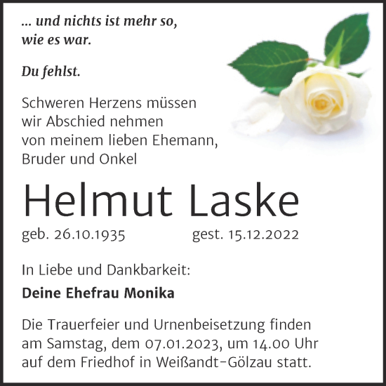 Traueranzeige von Helmut Laske von Trauerkombi Köthen