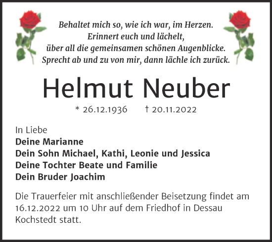 Traueranzeige von Helmut Neutier von Trauerkombi Dessau