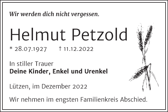 Traueranzeige von Helmut Petzold von Trauerkombi Weißenfels