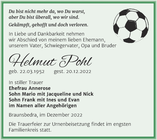 Traueranzeige von Helmut Pohl von Trauerkombi Merseburg