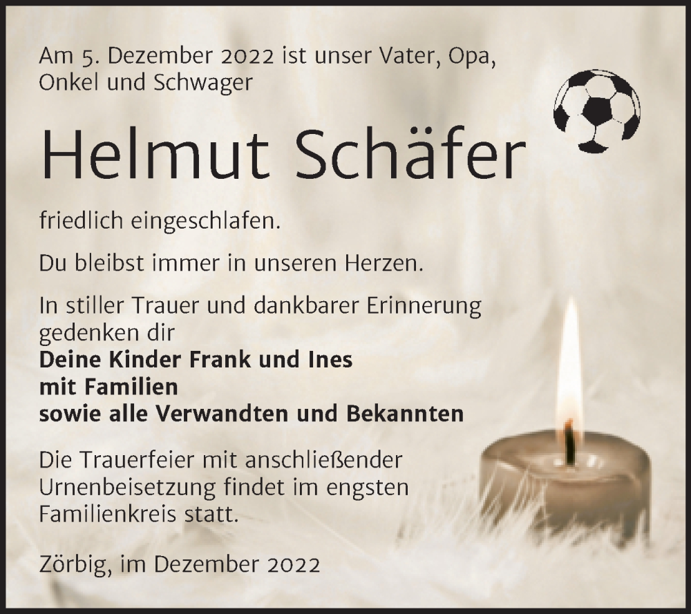  Traueranzeige für Helmut Schäfer vom 17.12.2022 aus Trauerkombi Bitterfeld