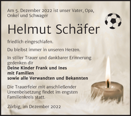 Traueranzeige von Helmut Schäfer von Trauerkombi Bitterfeld