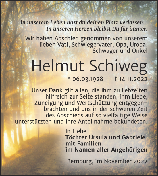 Traueranzeige von Helmut Schiweg von Trauerkombi Bernburg
