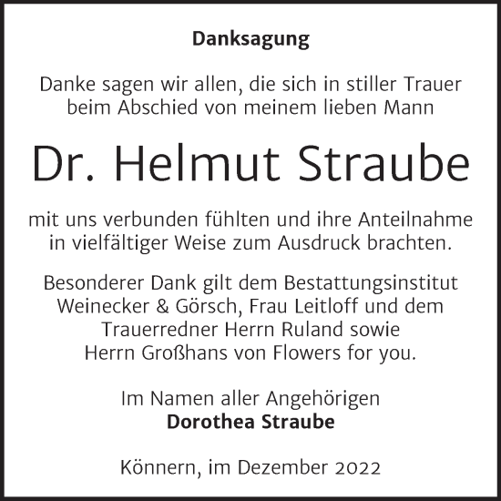 Traueranzeige von Helmut Straube von Trauerkombi Bernburg