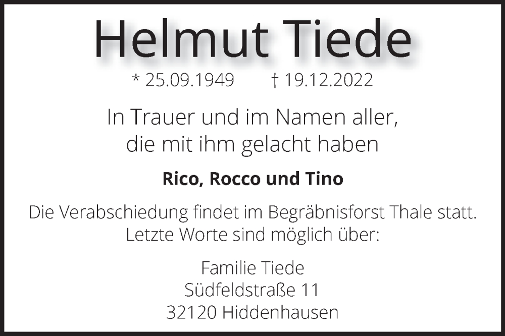  Traueranzeige für Helmut Tiede vom 24.12.2022 aus Trauerkombi Quedlinburg