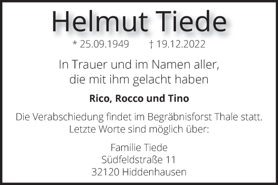 Traueranzeige von Helmut Tiede von Trauerkombi Quedlinburg