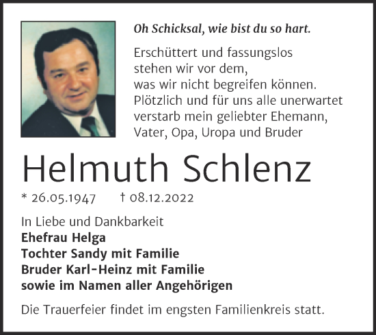 Traueranzeige von Helmuth Schlenz von Trauerkombi Wittenberg