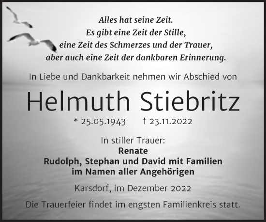 Traueranzeige von Helmuth Stiebritz von Wochenspiegel Naumburg/Nebra