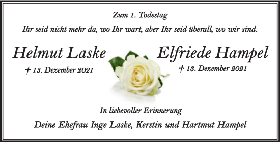 Traueranzeige von Helmut und Elfriede Laske, Hampel von Trauerkombi Quedlinburg