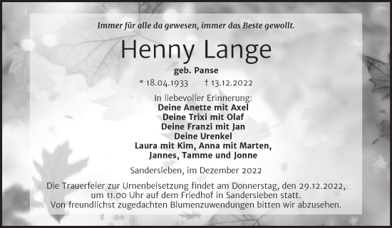 Traueranzeige von Henny Lange von Trauerkombi Mansfelder Land
