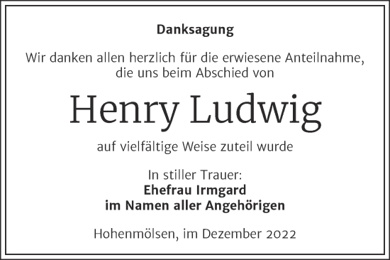 Traueranzeige von Henry Ludwig von Trauerkombi Weißenfels