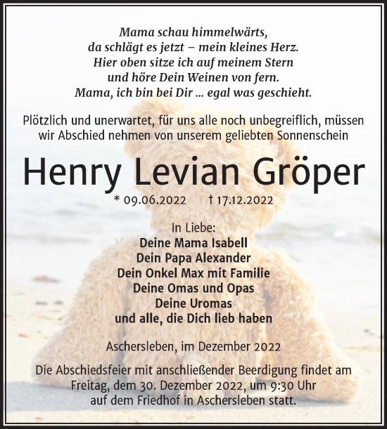 Traueranzeige von Henry Levian Gröper von Trauerkombi Aschersleben