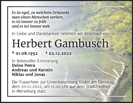 Traueranzeige von Herbert Gambusch von Trauerkombi Merseburg