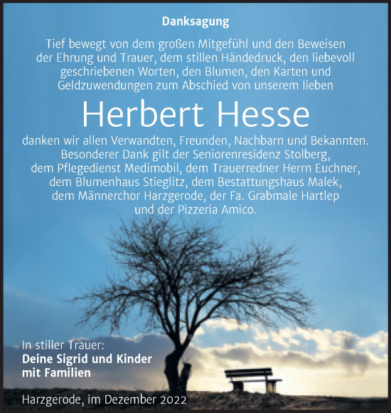Traueranzeige von Herbert Hesse von Trauerkombi Quedlinburg