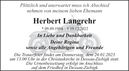 Traueranzeige von Herbert Langrehr von Trauerkombi Dessau