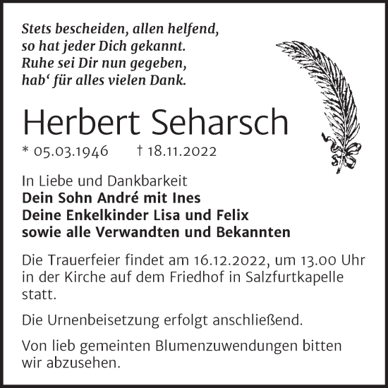 Traueranzeige von Herbert Seharsch von Trauerkombi Bitterfeld