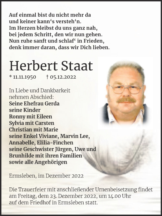 Traueranzeige von Herbert Staat von Trauerkombi Quedlinburg