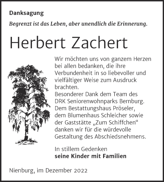 Traueranzeige von Herbert Zachert von Trauerkombi Bernburg