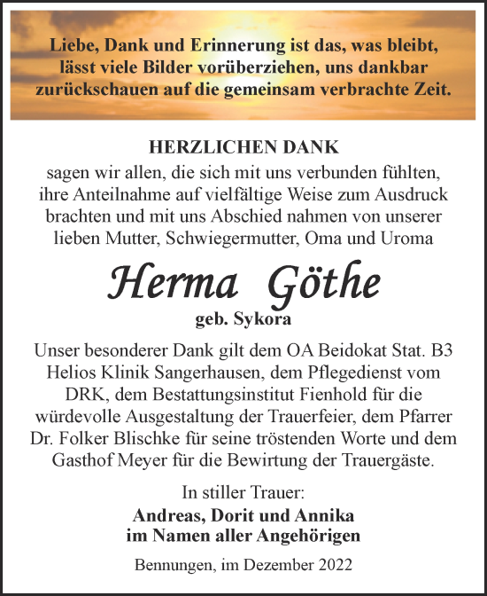 Traueranzeige von Herma Göthe von Trauerkombi Sangerhausen