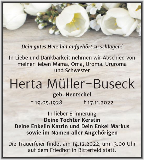 Traueranzeige von Herta Müller-Buseck von Trauerkombi Bitterfeld