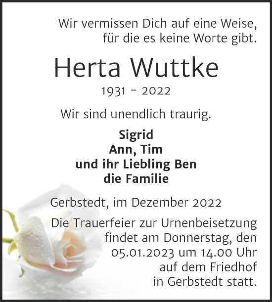 Traueranzeige von Herta Wuttke von Trauerkombi Mansfelder Land