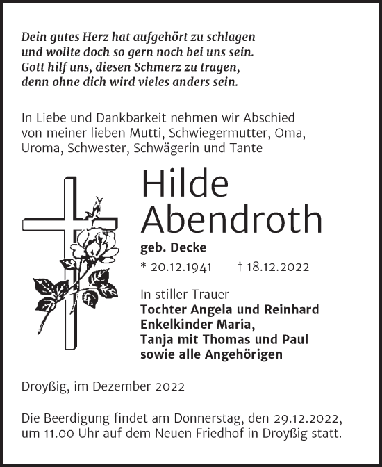 Traueranzeige von Hilde Abendroth von Trauerkombi Zeitz