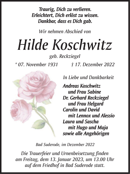 Traueranzeige von Hilde Koschwitz von Trauerkombi Quedlinburg