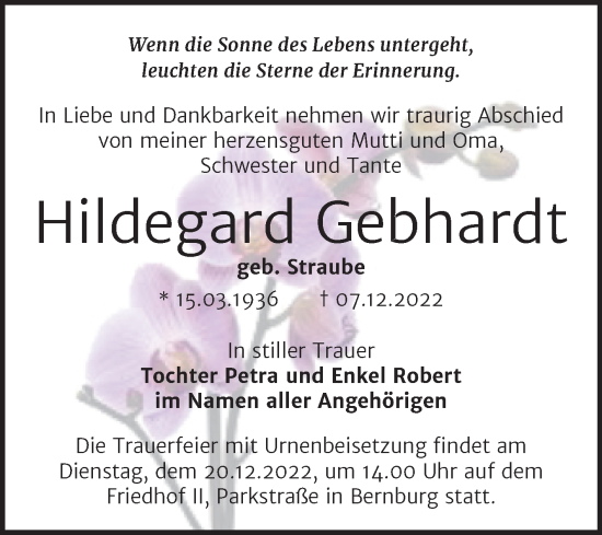 Traueranzeige von Hildegard Gebhardt von Trauerkombi Bernburg