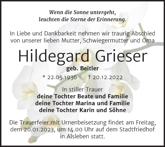 Traueranzeige von Hildegard Grieser von Trauerkombi Bernburg