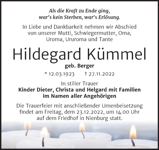 Traueranzeige von Hildegard Kümmel von Trauerkombi Bernburg
